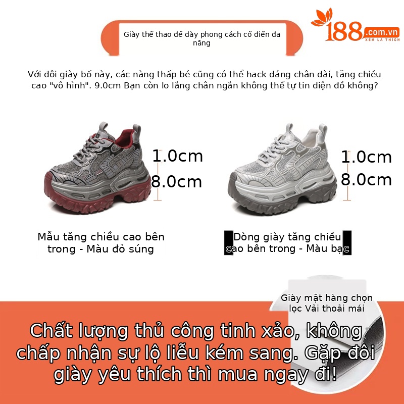 Giày thể thao nữ đế dày đính đá phong cách bố, đế platform 9 cm — súng đỏ