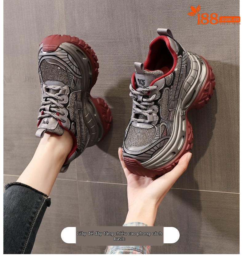 Giày thể thao nữ đế dày đính đá phong cách bố, đế platform 9 cm — súng đỏ chi tiết 1