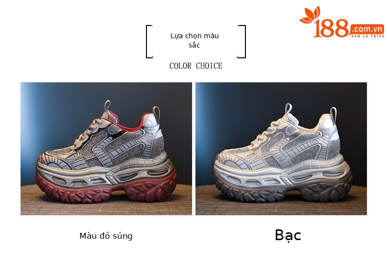 Giày thể thao nữ đế dày đính đá phong cách bố, đế platform 9 cm — súng đỏ chi tiết 2
