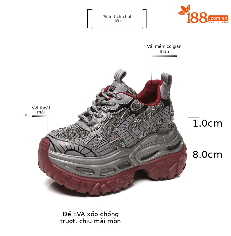 Giày thể thao nữ đế dày đính đá phong cách bố, đế platform 9 cm — súng đỏ chi tiết 3
