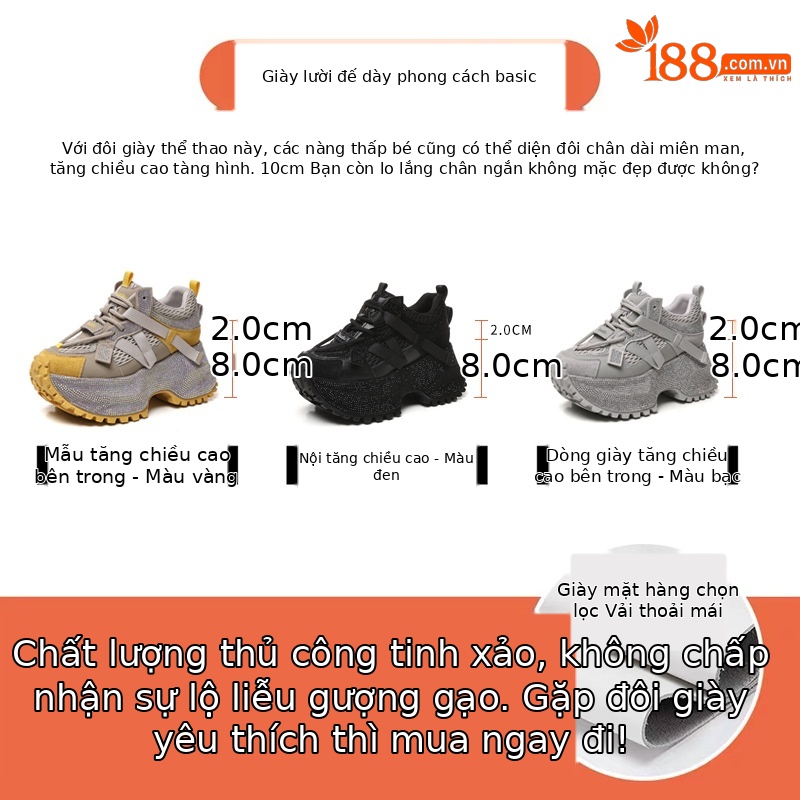 Giày sneaker nữ đế dày đính đá phối màu phong cách bố — đen