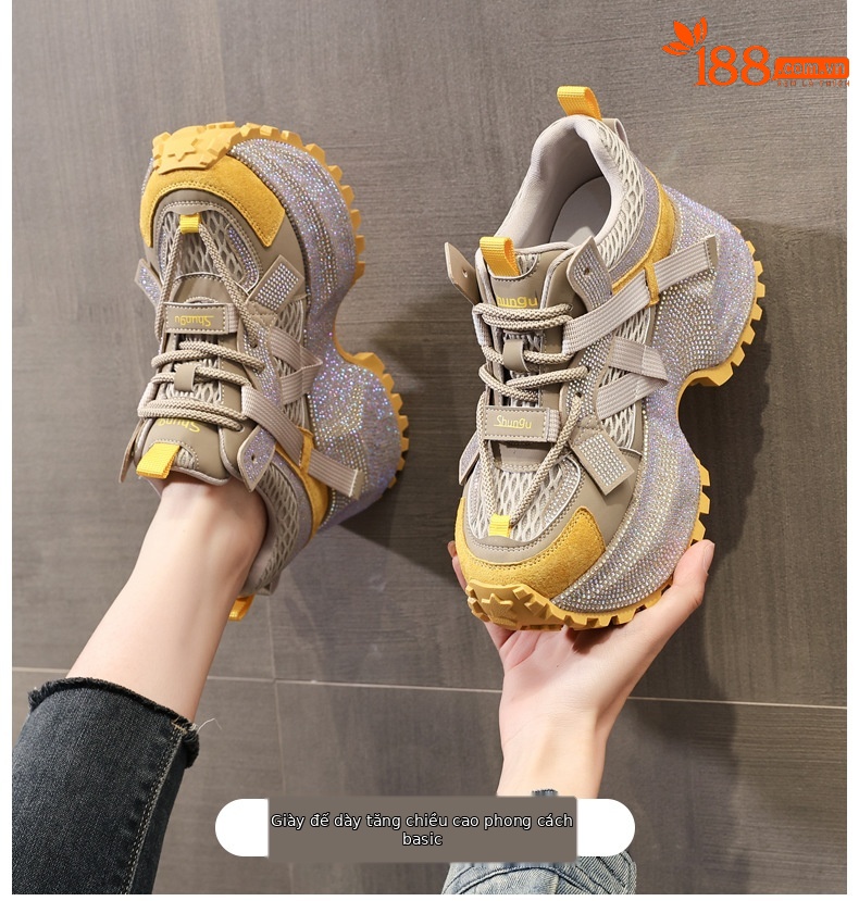 Giày sneaker nữ đế dày đính đá phối màu phong cách bố — đen chi tiết 1