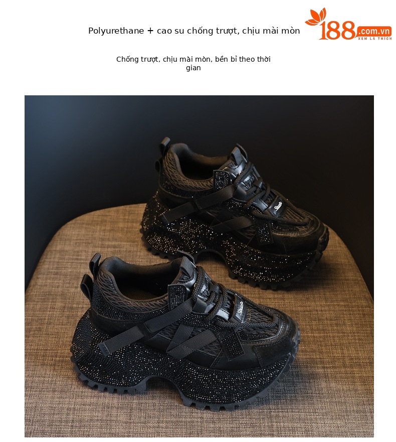 Giày sneaker nữ đế dày đính đá phối màu phong cách bố — đen chi tiết 9