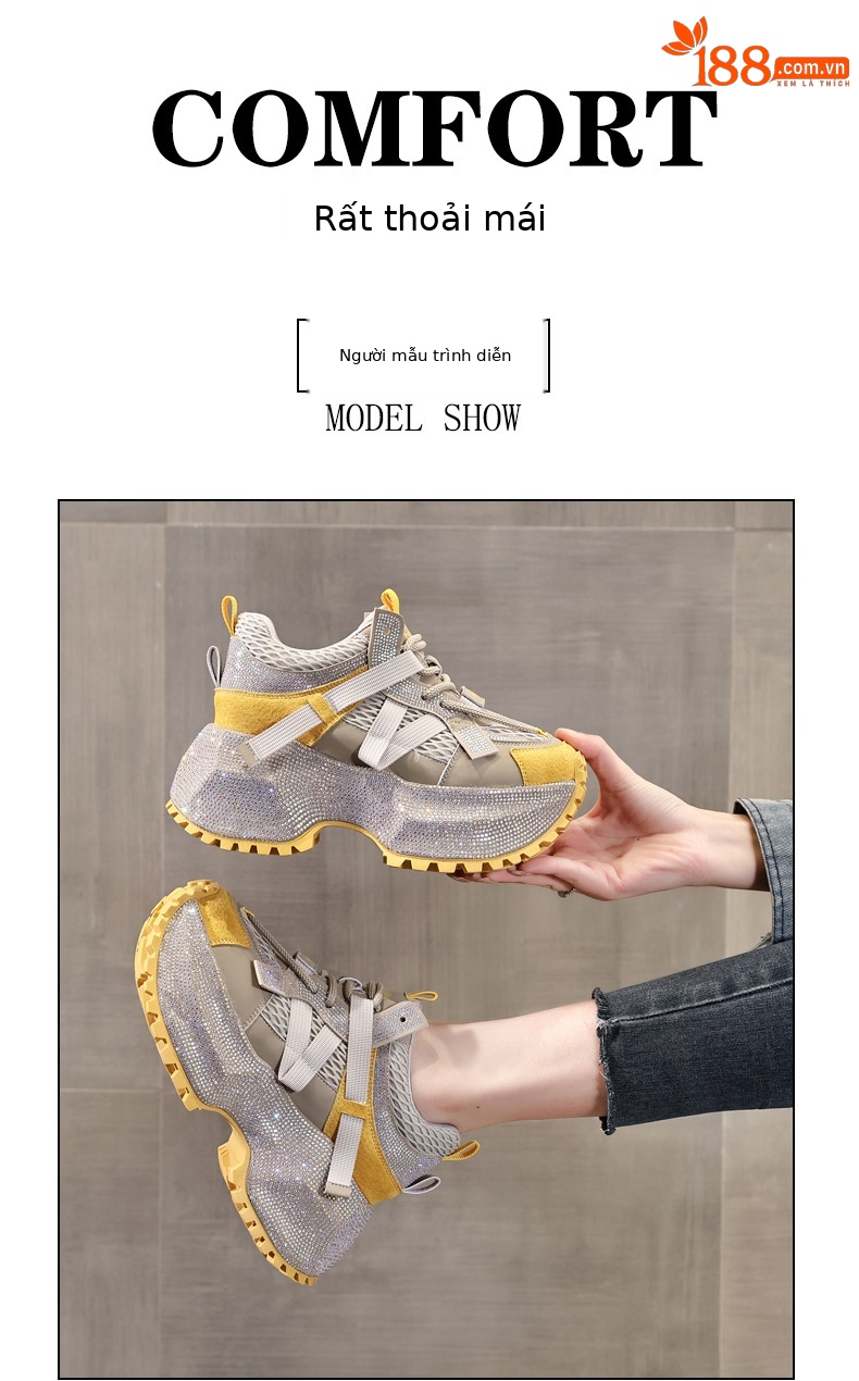 Giày sneaker nữ đế dày đính đá phối màu phong cách bố — đen chi tiết 10