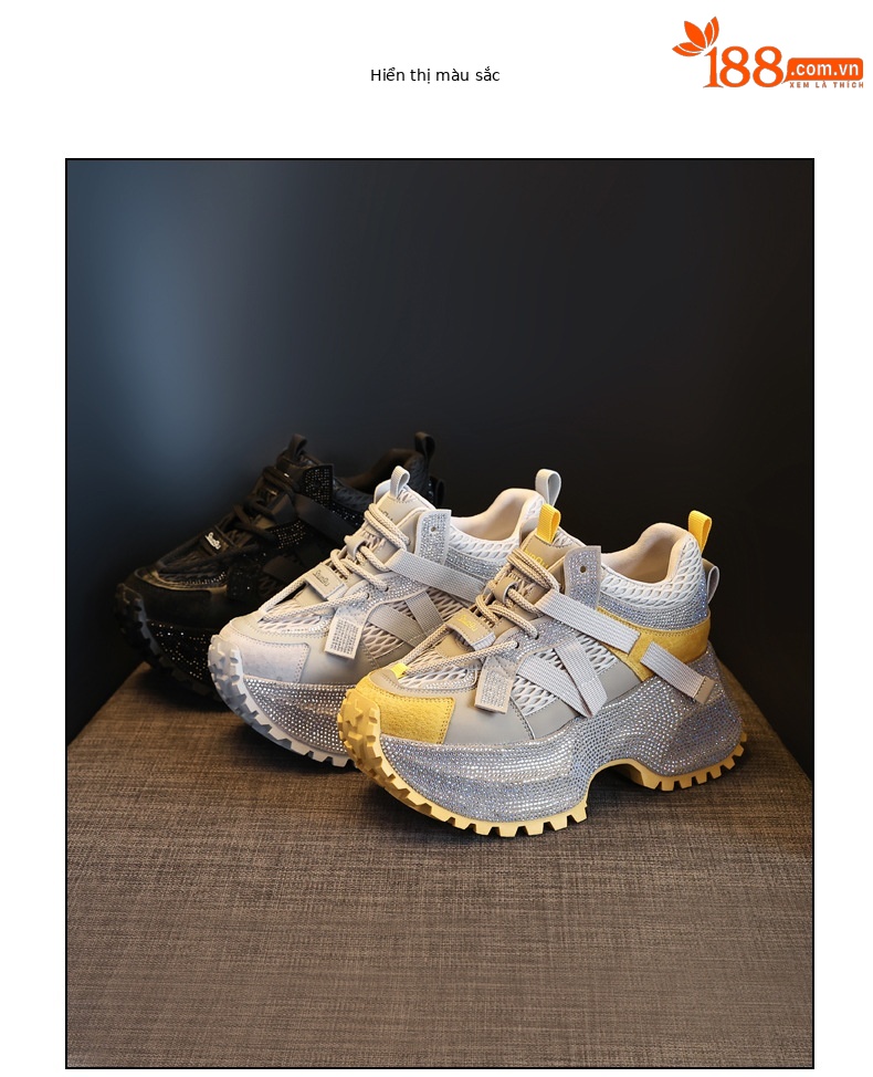 Giày sneaker nữ đế dày đính đá phối màu phong cách bố — đen chi tiết 17