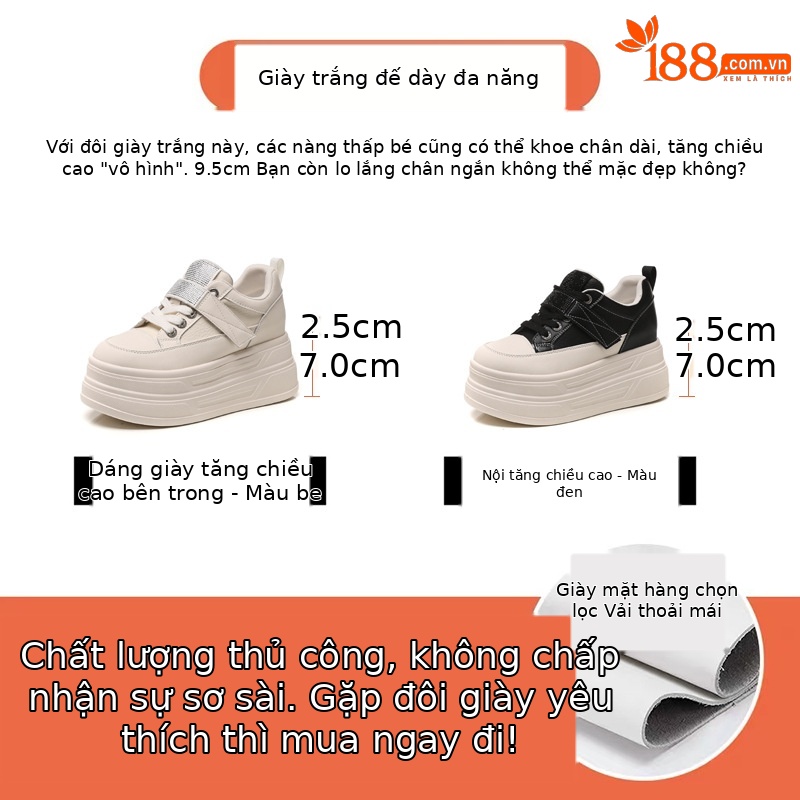 Giày sneaker nữ đế dày tăng chiều cao 9,5 cm, dây Velcro trắng phong cách thể thao — màu be