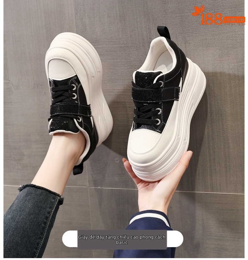 Giày sneaker nữ đế dày tăng chiều cao 9,5 cm, dây Velcro trắng phong cách thể thao — màu be chi tiết 1