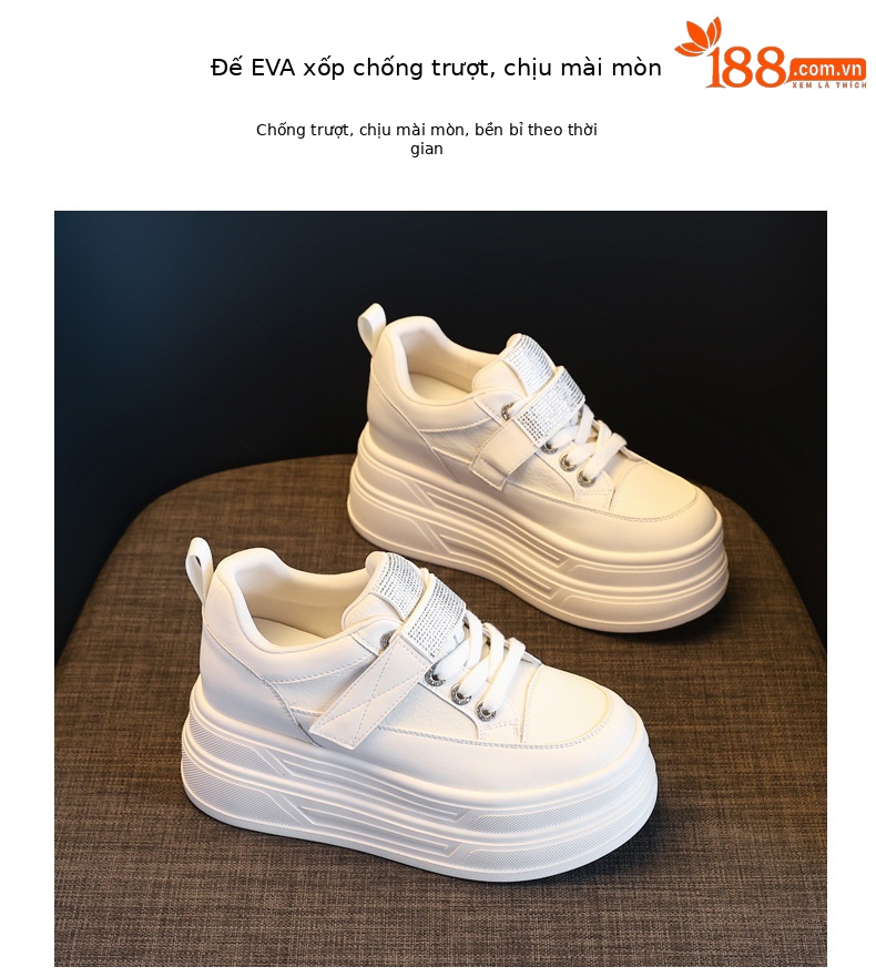 Giày sneaker nữ đế dày tăng chiều cao 9,5 cm, dây Velcro trắng phong cách thể thao — màu be chi tiết 10