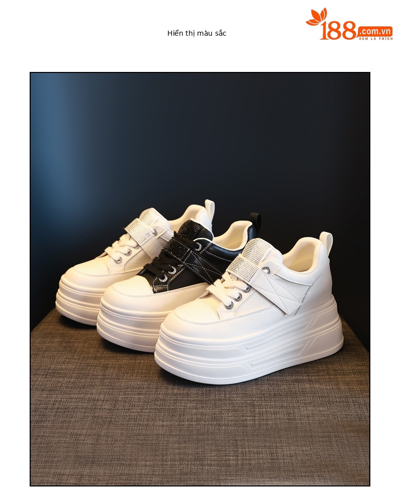 Giày sneaker nữ đế dày tăng chiều cao 9,5 cm, dây Velcro trắng phong cách thể thao — màu be chi tiết 18