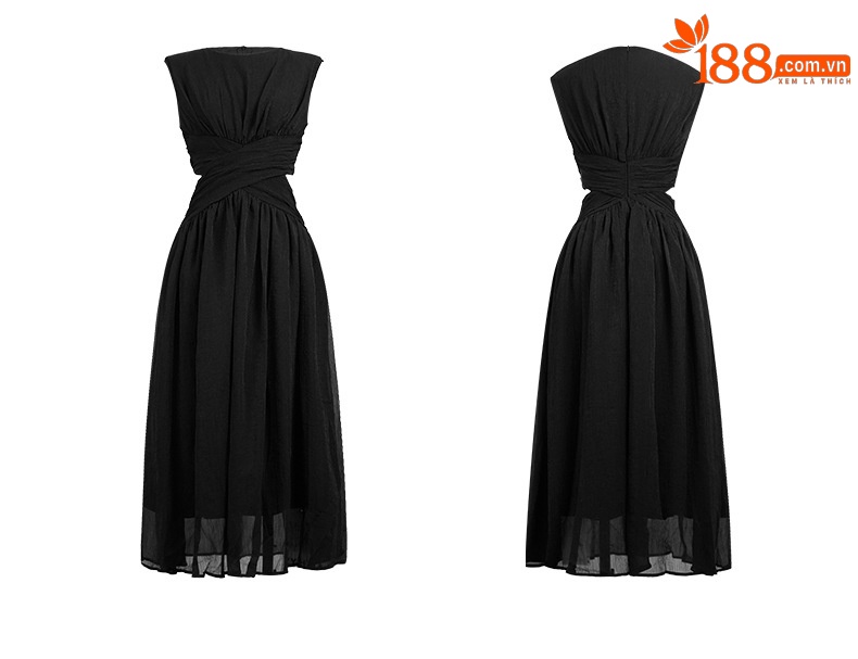 Đầm maxi nữ không tay chéo eo phong cách thanh lịch — đen chi tiết 5