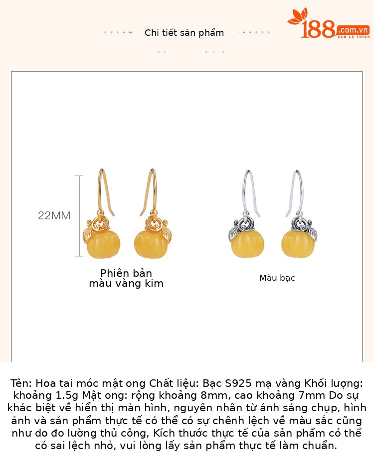 Bông tai bạc S925 mạ vàng hình bí ngô hạt dễ thương thiết kế 3D sáng tạo — Mẫu bạc chi tiết 4