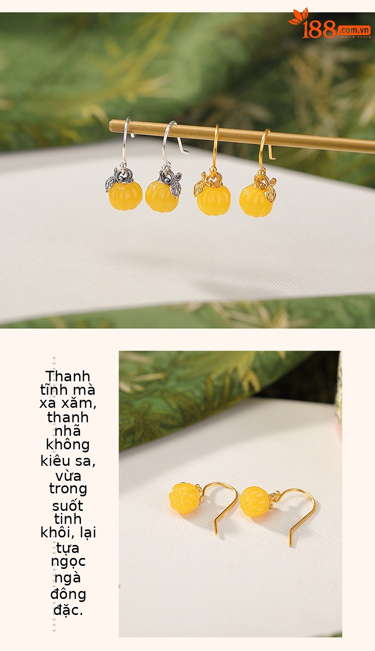 Bông tai bạc S925 mạ vàng hình bí ngô hạt dễ thương thiết kế 3D sáng tạo — Mẫu bạc chi tiết 5