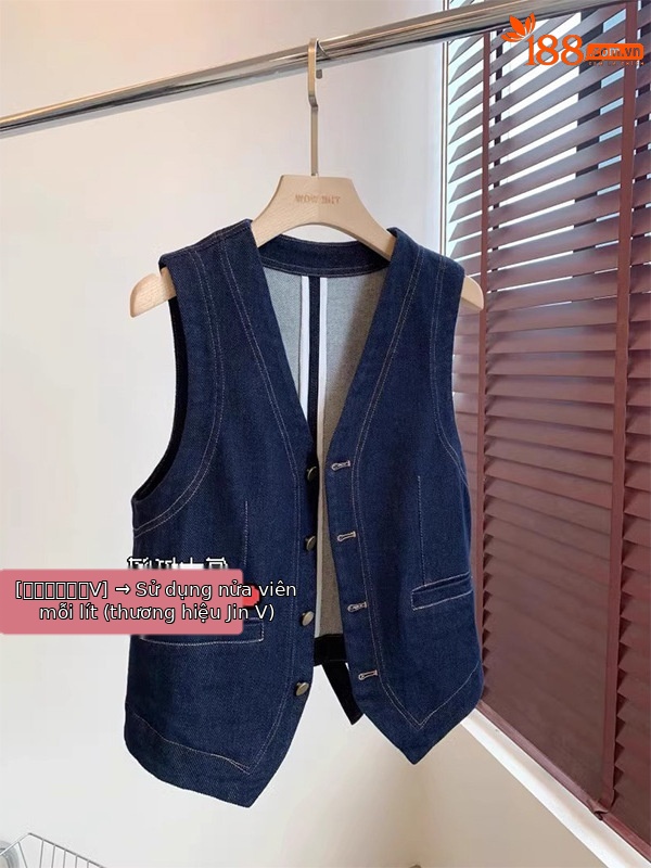 Áo vest denim không tay cổ chữ V phong cách retro, xếp lớp thời trang — Áo vest màu xanh đậm