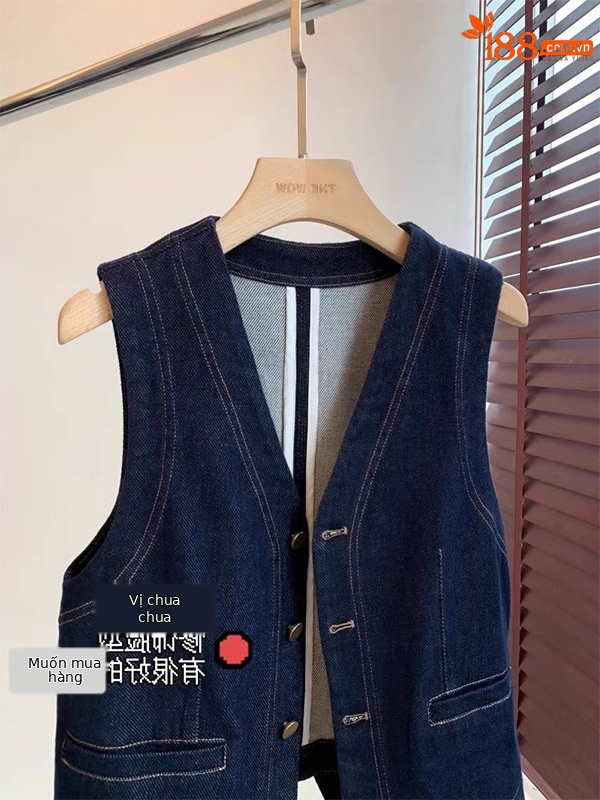 Áo vest denim không tay cổ chữ V phong cách retro, xếp lớp thời trang — Áo vest màu xanh đậm