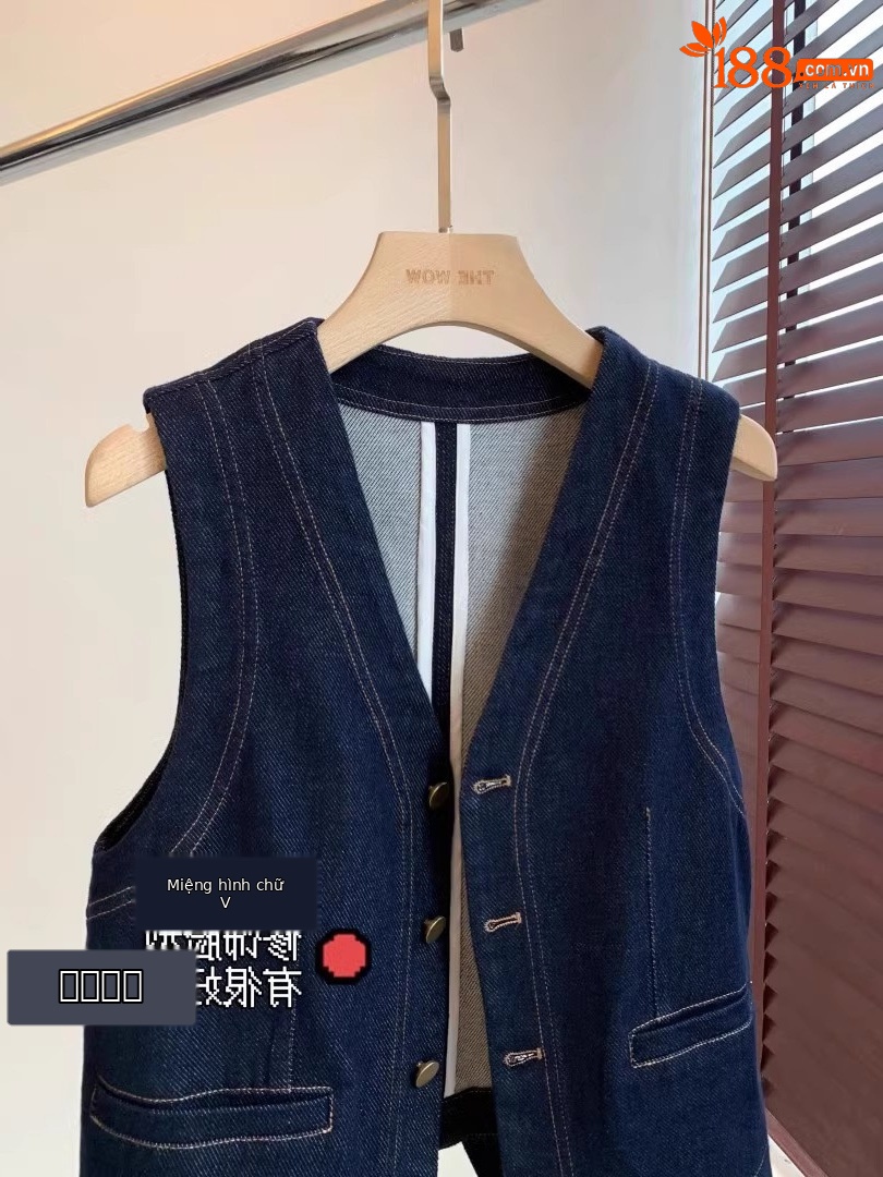 Áo vest denim không tay cổ chữ V phong cách retro, xếp lớp thời trang — Áo vest màu xanh đậm chi tiết 3