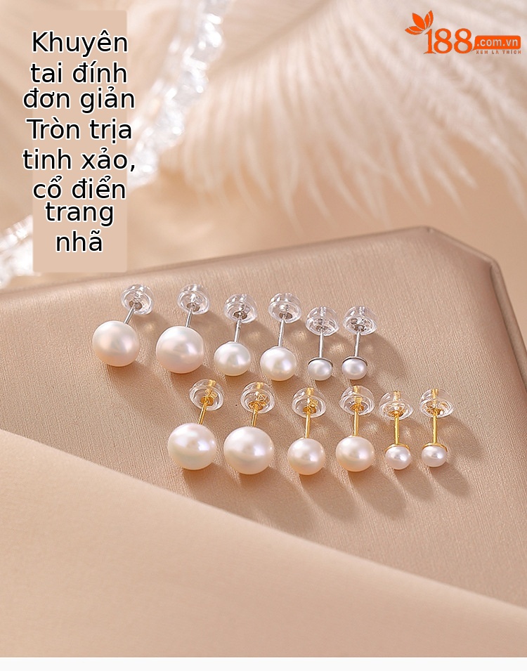 Bông tai bạc S925 mạ vàng đính ngọc trai nước ngọt tự nhiên hạt tròn — kèn vàng chi tiết 1