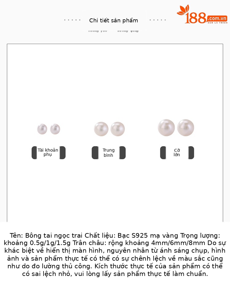 Bông tai bạc S925 mạ vàng đính ngọc trai nước ngọt tự nhiên hạt tròn — kèn vàng chi tiết 2