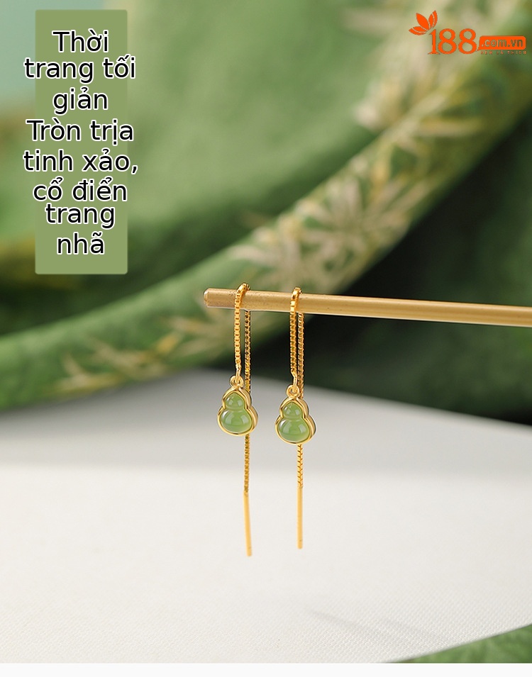 Khuyên tai dài bạc S925 mạ vàng đá Jasper hình bầu Fulu phong cách Trung Hoa — Mẫu bạc chi tiết 1