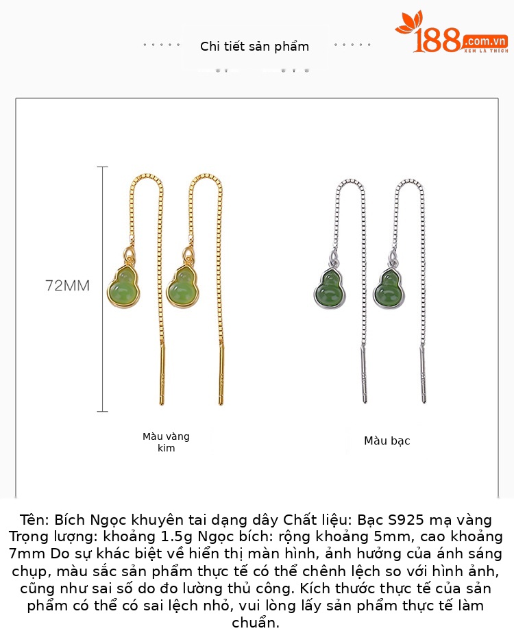 Khuyên tai dài bạc S925 mạ vàng đá Jasper hình bầu Fulu phong cách Trung Hoa — Mẫu bạc chi tiết 2
