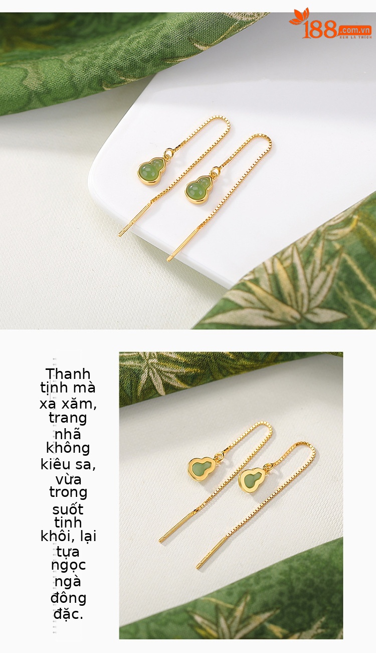 Khuyên tai dài bạc S925 mạ vàng đá Jasper hình bầu Fulu phong cách Trung Hoa — Mẫu bạc chi tiết 3