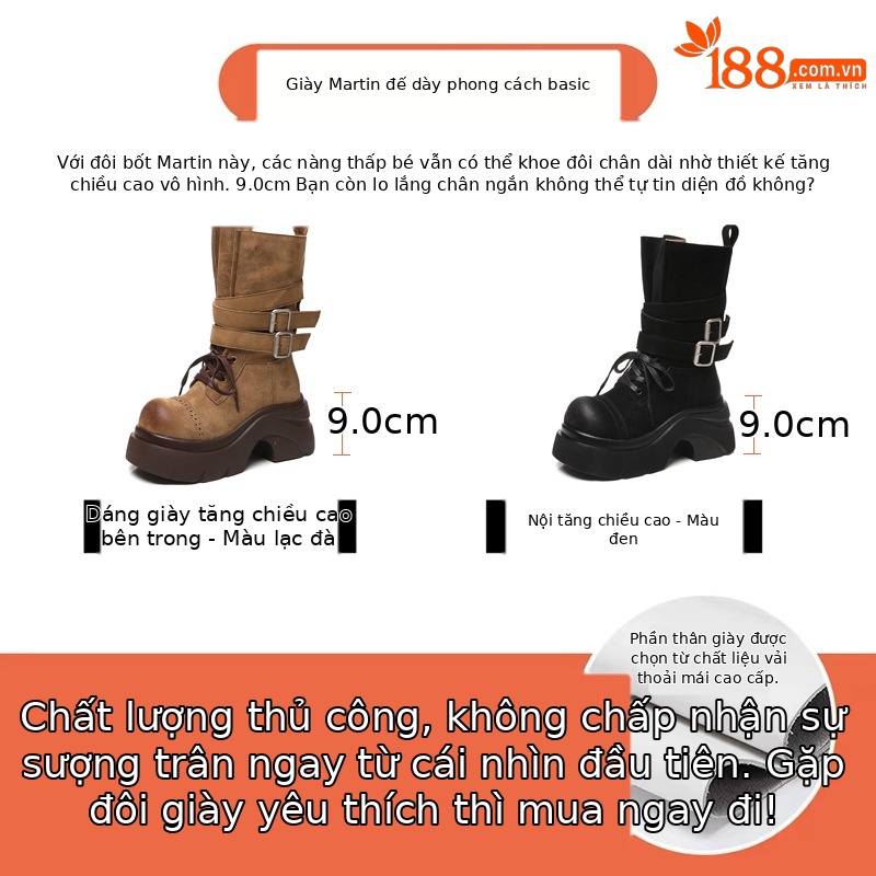 Giày boot nữ đế dày nâng chiều cao phong cách retro, khóa thắt lưng — đen