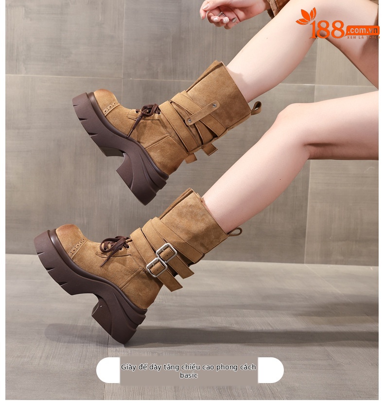 Giày boot nữ đế dày nâng chiều cao phong cách retro, khóa thắt lưng — đen chi tiết 1