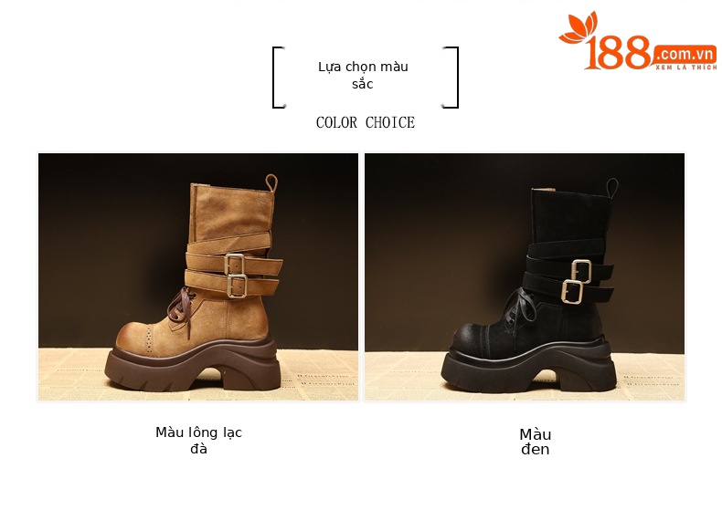 Giày boot nữ đế dày nâng chiều cao phong cách retro, khóa thắt lưng — đen chi tiết 2