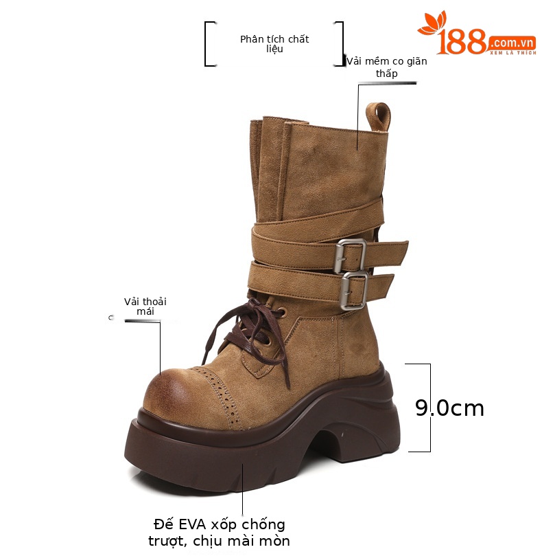 Giày boot nữ đế dày nâng chiều cao phong cách retro, khóa thắt lưng — đen chi tiết 3