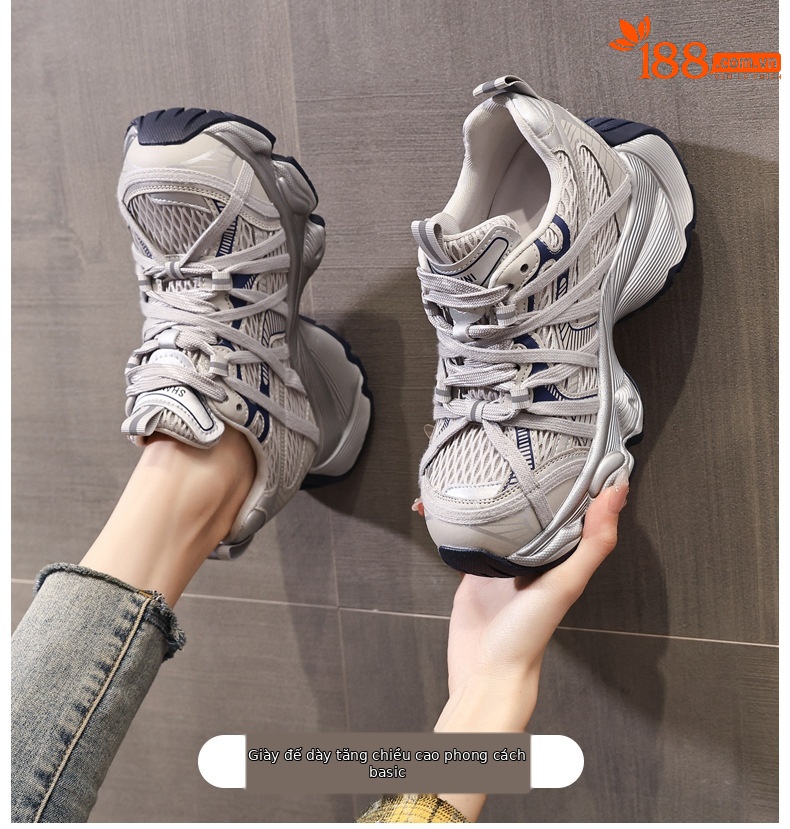 Giày thể thao nữ đế dày lưới thoáng khí phong cách retro chunky sneaker — xanh xám chi tiết 1