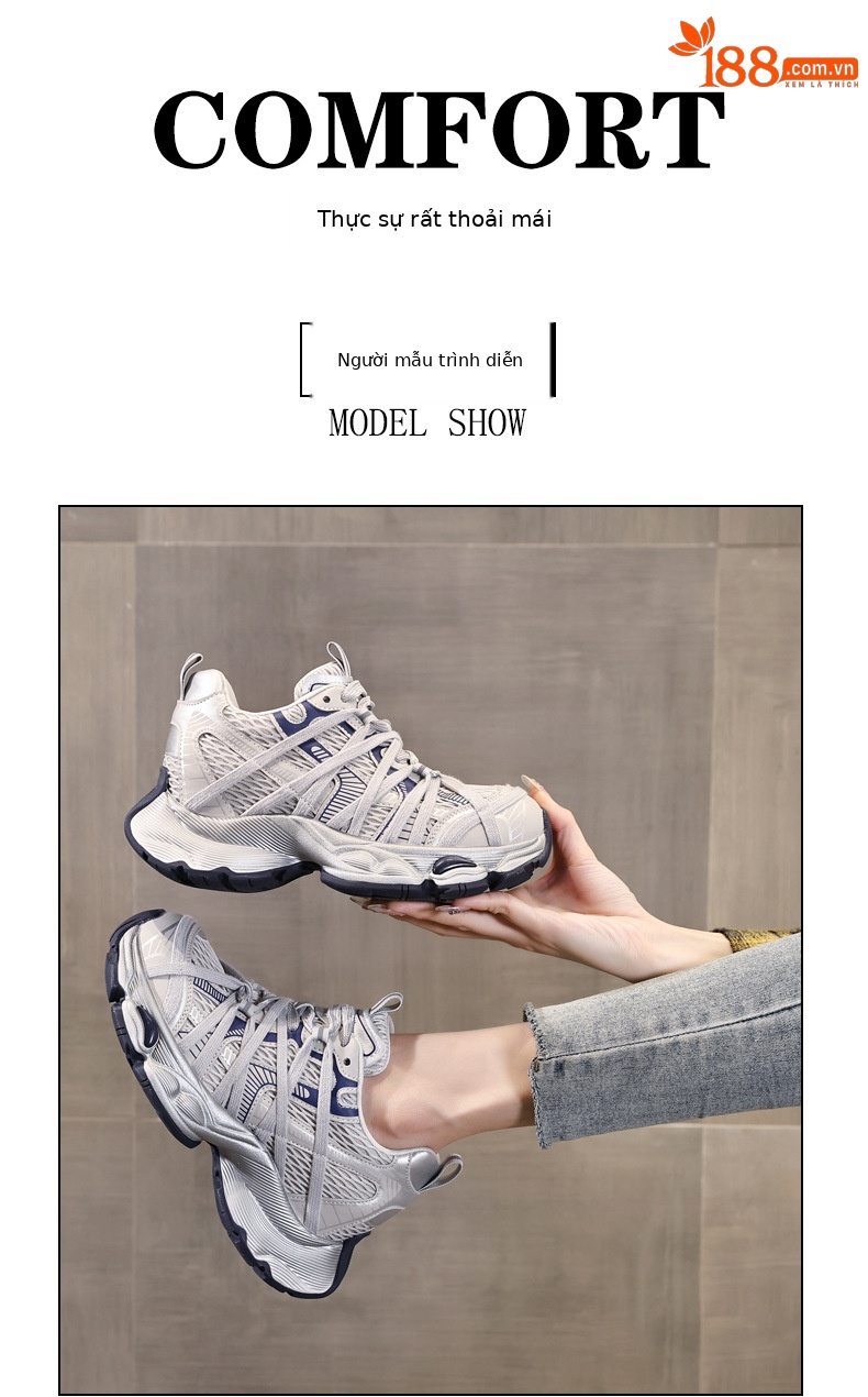Giày thể thao nữ đế dày lưới thoáng khí phong cách retro chunky sneaker — xanh xám chi tiết 11