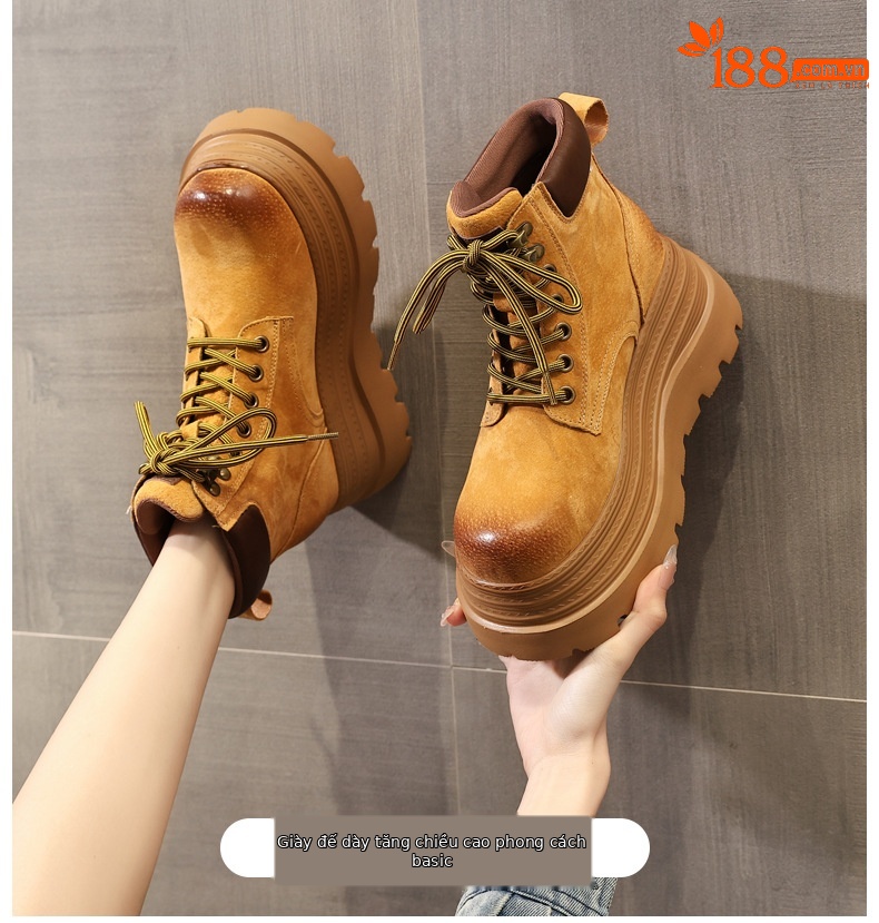 Giày boot nữ đế dày tăng chiều cao kiểu mới mùa thu, phong cách xe máy cổ ngắn — màu vàng sa mạc chi tiết 1