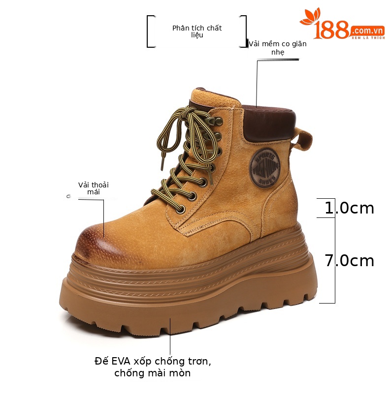Giày boot nữ đế dày tăng chiều cao kiểu mới mùa thu, phong cách xe máy cổ ngắn — màu vàng sa mạc chi tiết 3