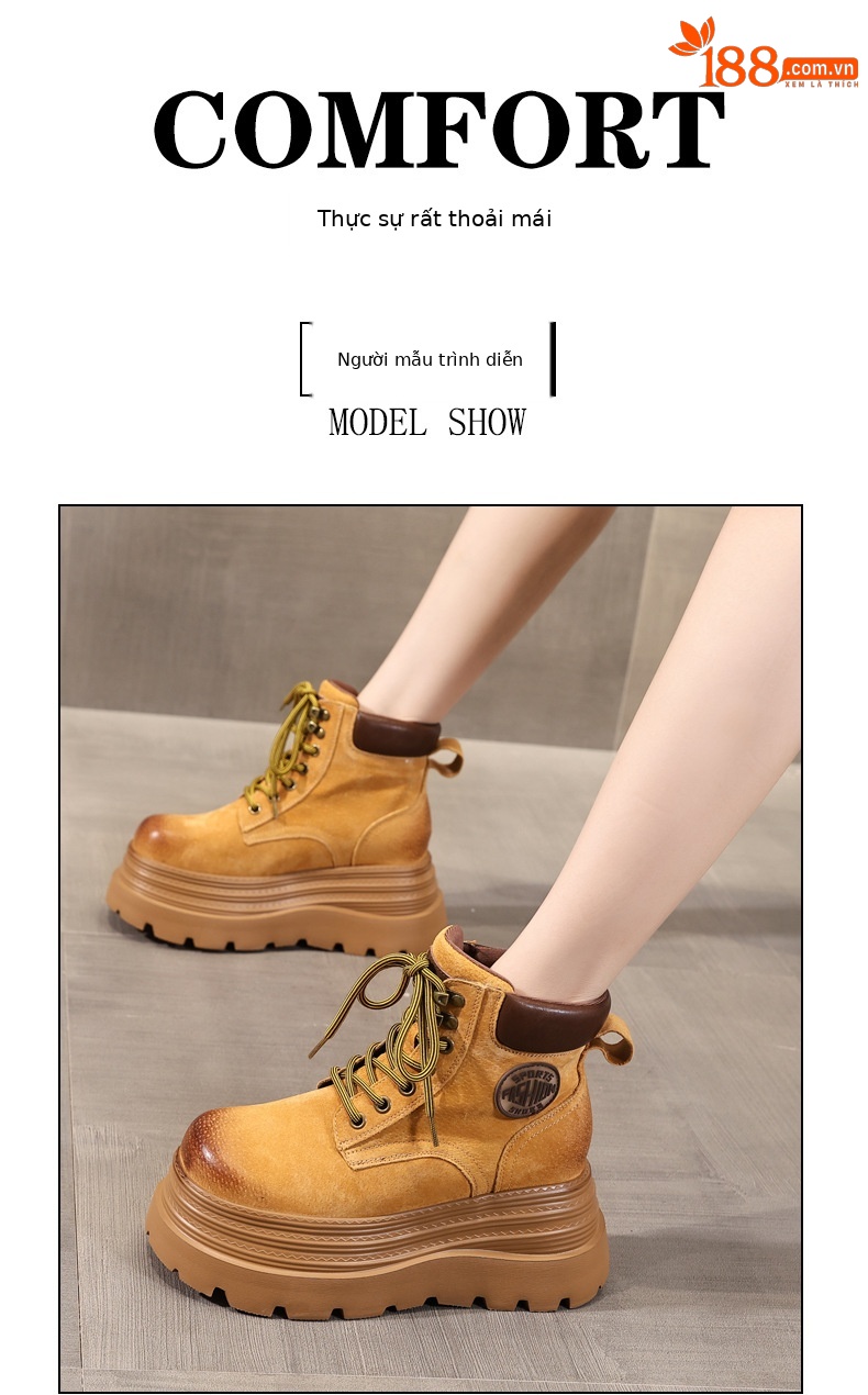 Giày boot nữ đế dày tăng chiều cao kiểu mới mùa thu, phong cách xe máy cổ ngắn — màu vàng sa mạc chi tiết 7