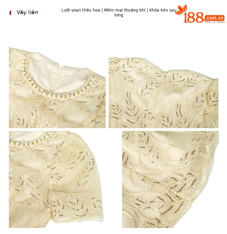 Váy ren chữ A cổ tròn thắt eo đính sequin phong cách Pháp — quả mơ vàng chi tiết 2