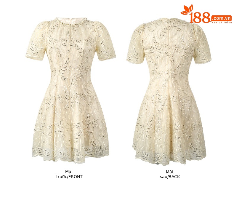 Váy ren chữ A cổ tròn thắt eo đính sequin phong cách Pháp — quả mơ vàng chi tiết 3