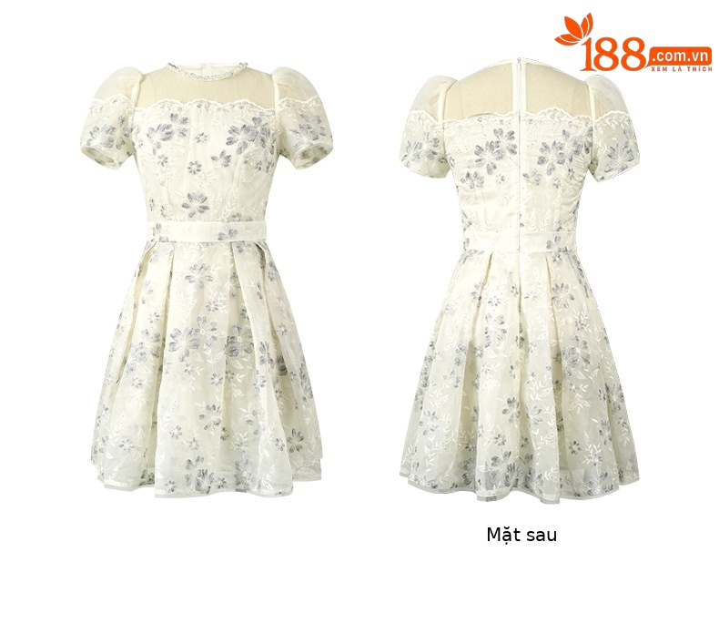 Váy đầm nữ cổ tròn phối lưới ren thêu sequin thắt eo — mơ chi tiết 3