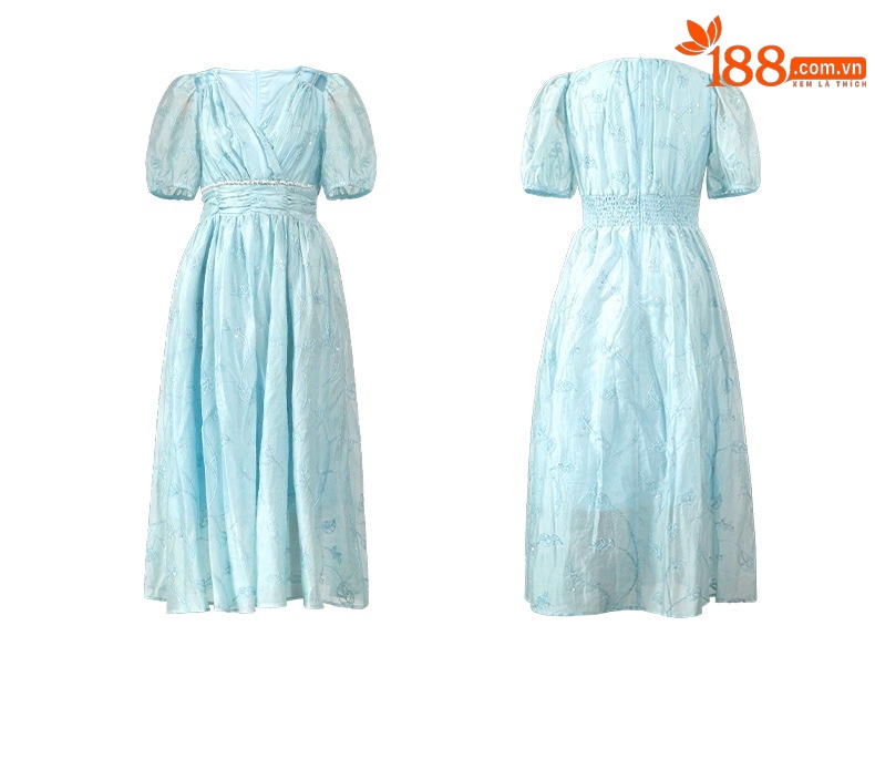 Đầm maxi nữ cổ V khoét eo, tay ngắn, thiết kế vạt rộng phong cách nghỉ dưỡng — màu xanh chi tiết 3