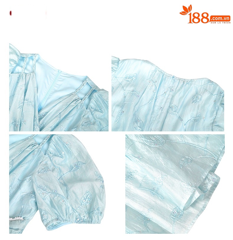 Đầm maxi nữ cổ V khoét eo, tay ngắn, thiết kế vạt rộng phong cách nghỉ dưỡng — màu xanh chi tiết 4