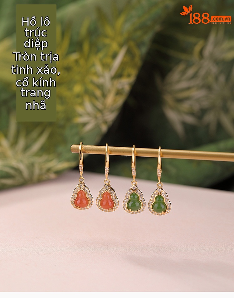 Bông tai bạc S925 đính đá ngọc Hetian Jasper hình bầu lá tre siêu lấp lánh — Phong cách nước đỏ chi tiết 1
