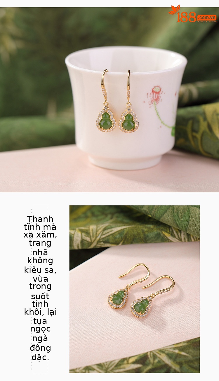 Bông tai bạc S925 đính đá ngọc Hetian Jasper hình bầu lá tre siêu lấp lánh — Phong cách nước đỏ chi tiết 3