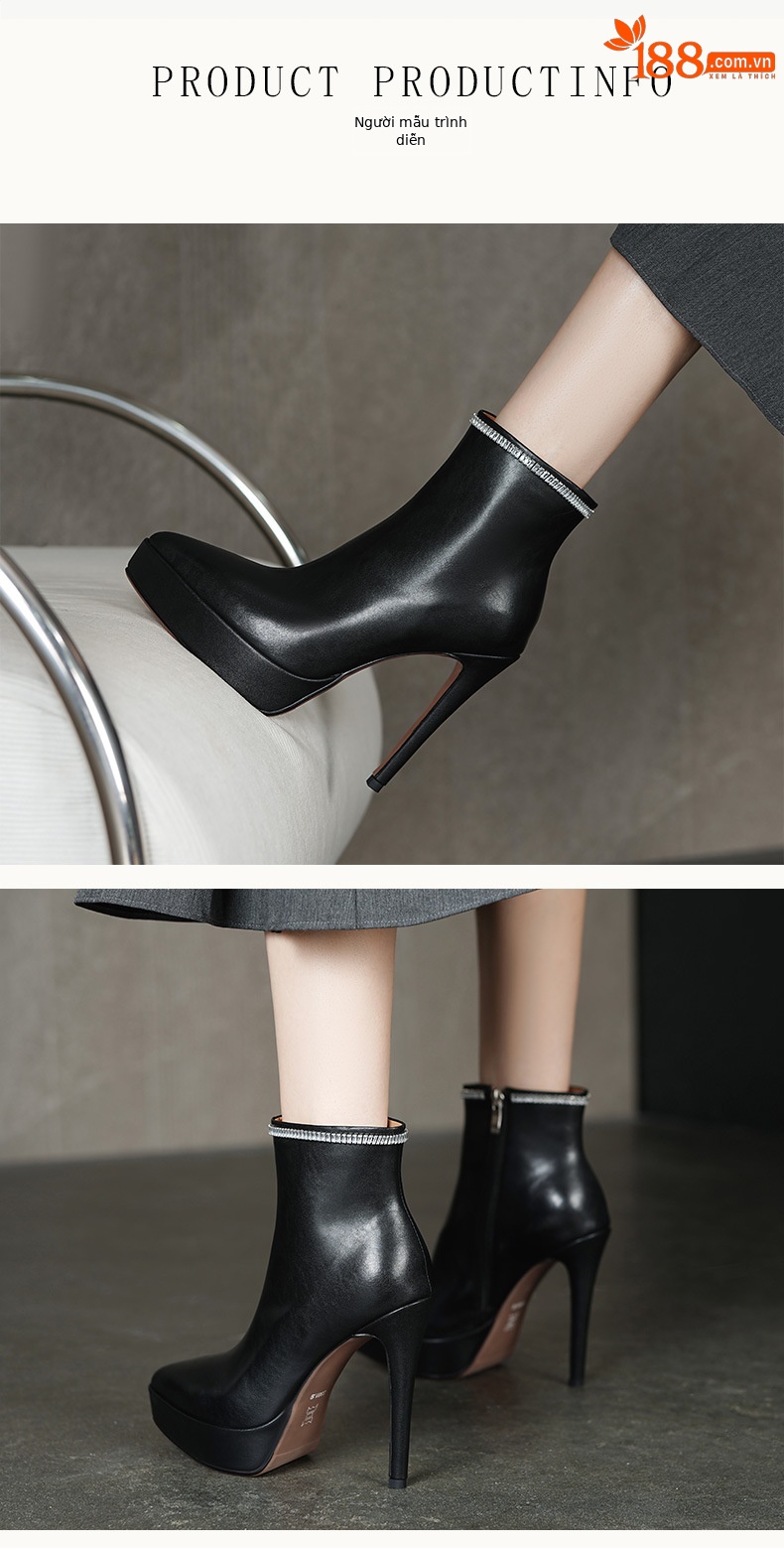 Boot nữ mũi nhọn gót nhọn 12 cm cổ thấp phong cách sàn diễn — đen, màu nâu nhạt chi tiết 3