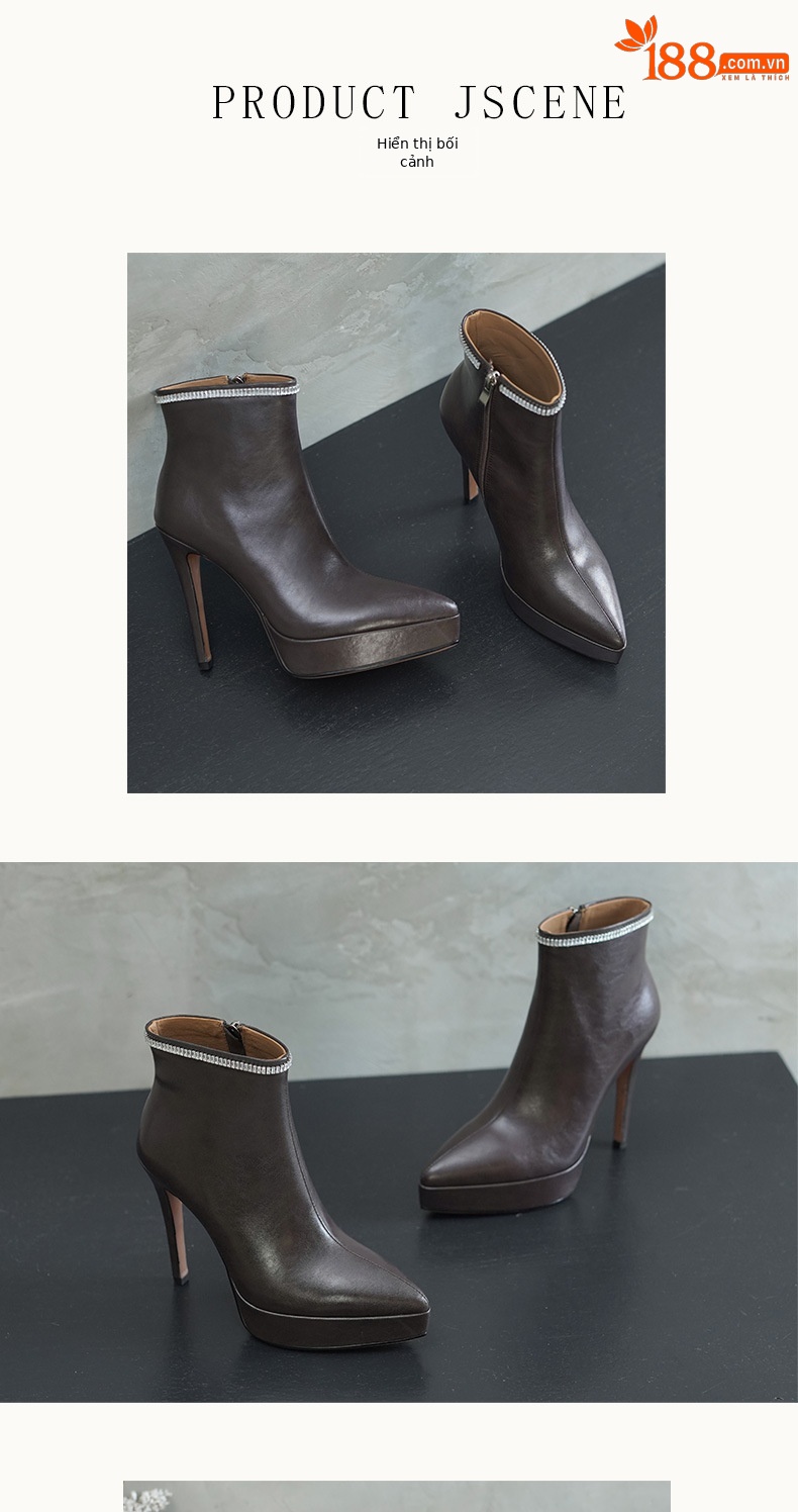 Boot nữ mũi nhọn gót nhọn 12 cm cổ thấp phong cách sàn diễn — đen, màu nâu nhạt chi tiết 6