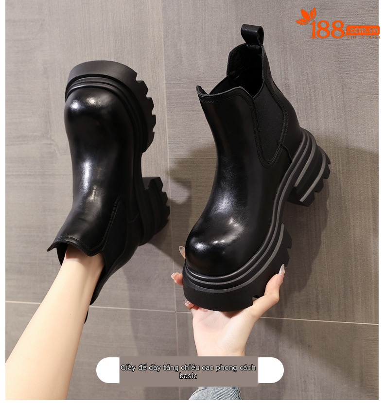 Boot nữ Chelsea cổ ngắn kiểu Anh đế dày tăng chiều cao — đen chi tiết 1