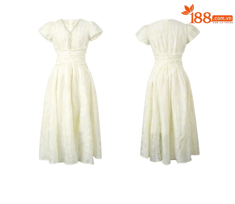 Đầm maxi nữ kiểu Pháp cổ chữ V thắt eo xòe rộng — mơ chi tiết 2