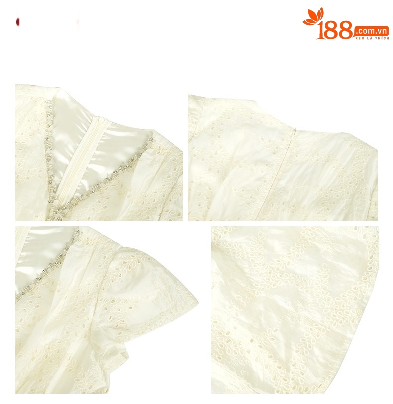Đầm maxi nữ kiểu Pháp cổ chữ V thắt eo xòe rộng — mơ chi tiết 3