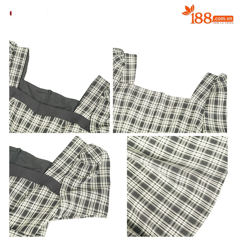 Váy chữ A cổ vuông kẻ sọc phong cách retro Pháp, eo thon, mùa hè — mơ đen chi tiết 2