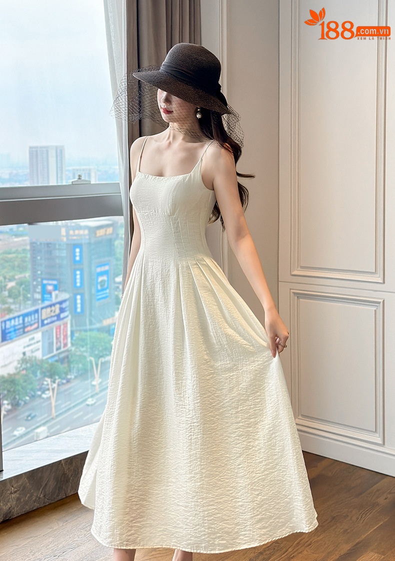 Đầm suông nữ midi thắt eo kiểu Pháp tay dây — mơ chi tiết 5