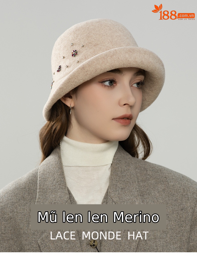 Mũ len nữ mùa thu đông kiểu chậu ấm áp, trang trí hoa kim cương lấp lánh, vành cuộn, phong cách thanh lịch — màu be chi tiết 1