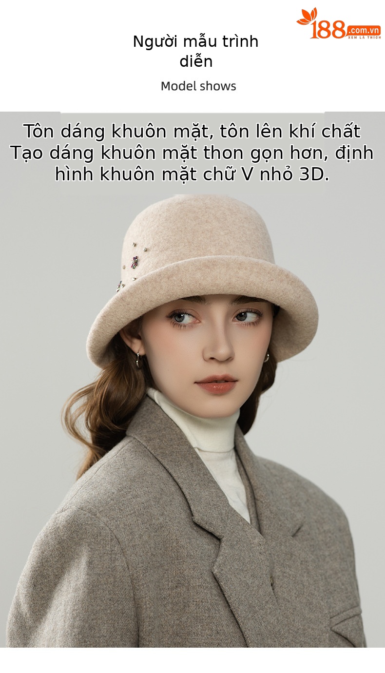 Mũ len nữ mùa thu đông kiểu chậu ấm áp, trang trí hoa kim cương lấp lánh, vành cuộn, phong cách thanh lịch — màu be chi tiết 4