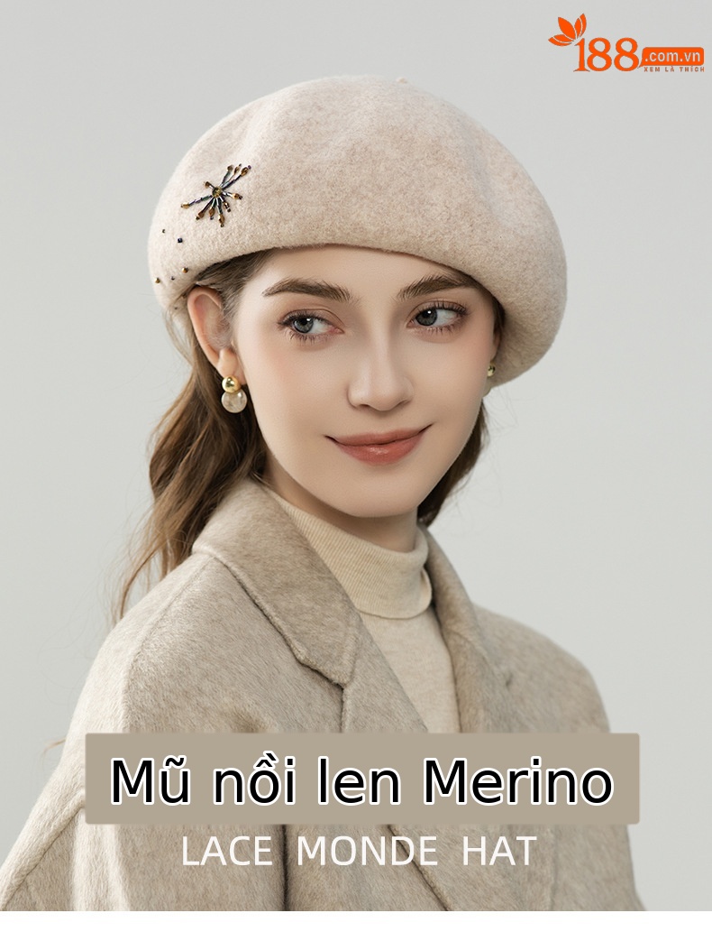 Mũ nồi beret nữ len nguyên chất mềm mại, phong cách thu đông, mặt hiển thị nhỏ — màu be chi tiết 1